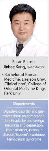 Busan Branch Jinhee Kang, Head doctor Bachelor of Korean Medicine, Daejeon Univ. Clinical prof., College of Oriental Medicine Kings Park Univ.  Departments Digestive disorder and gastrointestinal phlegm stagnation, Headache and vertigo, Insomnia and depression, Panic disorder, Alcoholic disease, Student’s syndrome, Menopausal syndrome