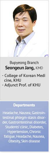 Bupyeong Branch Seongeun Jang, KMD College of Korean Medicine, KHU Adjunct Prof. of KHU Departments  Headache, Nausea, Gastrointestinal phlegm-stasis disorder, Gastrointestinal disorder, Students’ clinic, Diabetes, Hypertension, Chronic fatigue, Headache, Nausea, Obesity, Skin disease